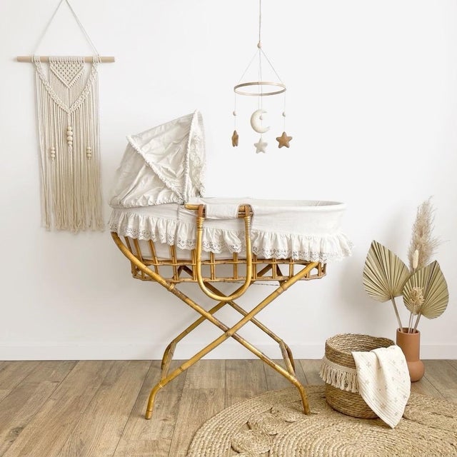 The ambiance of this vintage Moses basket on legs inspires us\. Picture the scene: creaking floorboards, late afternoon...