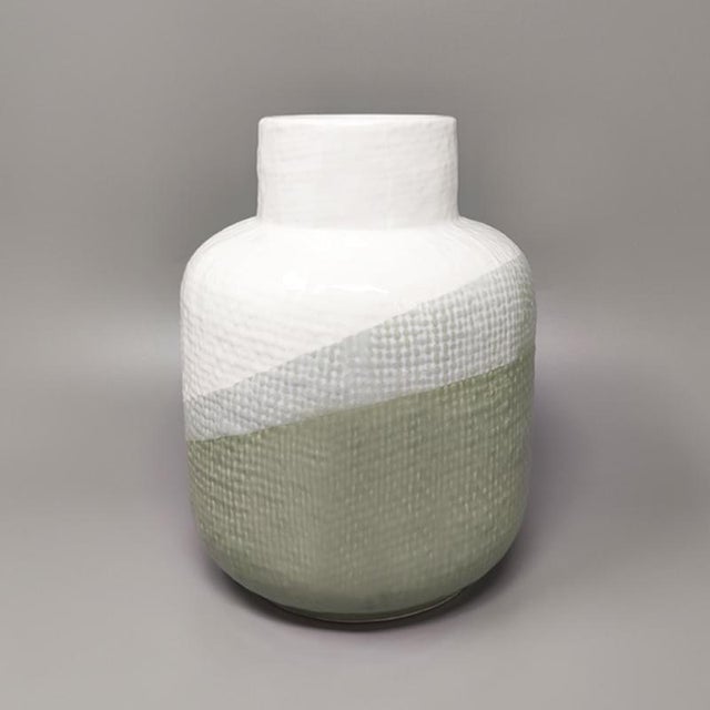 1970s Gorgeous green and white vase in ceramic by F.lli Brambilla. Made in Italy The items is in good condition. diam...