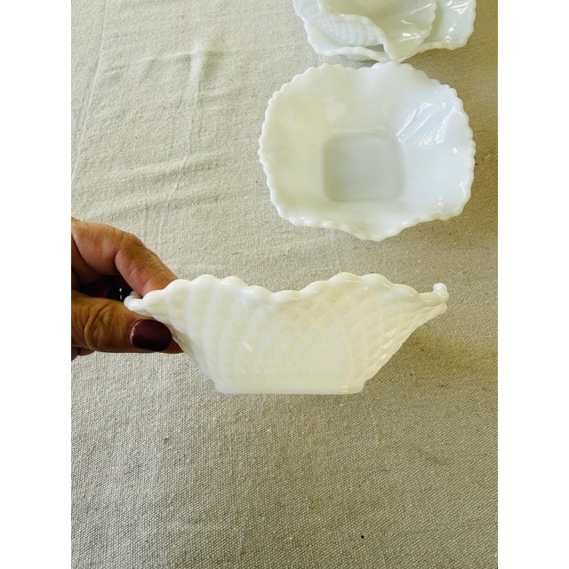 Hazel-Atlas 1960s MCM Hazel Atlas Diamond Cut Ruffled Milk Glass Bowls 6.25 Inch Vintage Scalloped Dessert Bowls - Set of 6 For Sale - Image 4 of 11