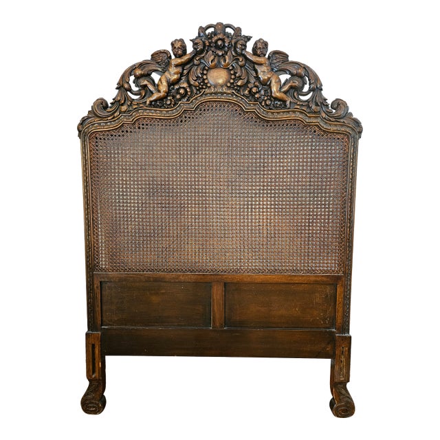 George II Style Hand Carved Twin Walnut Bed With Cane Inset Headboard, Hand Carved Walnut Footboard Circa 1860 For Sale