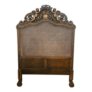 George II Style Hand Carved Twin Walnut Bed With Cane Inset Headboard, Hand Carved Walnut Footboard Circa 1860