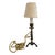 Pair of neoclassical lamps with sculptural bases in two different shapes, made of bronze. Each lamp has a neutral beige...