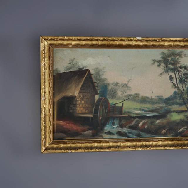 Antique Oil on Board Painting, Landscape with Mill & Water Wheel, Framed, C1900 For Sale - Image 9 of 12