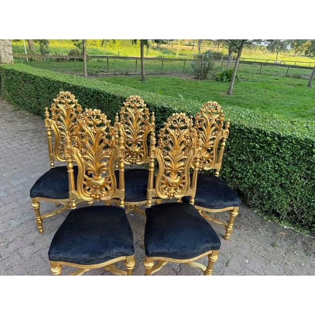 1900 Italian Rococo Gold Beech Black Velvet Dining Chairs - Set of 6 Pc For Sale - Image 4 of 18