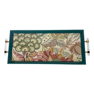Custom Tray Lee Jofa Embroidered Linen Teal For Sale