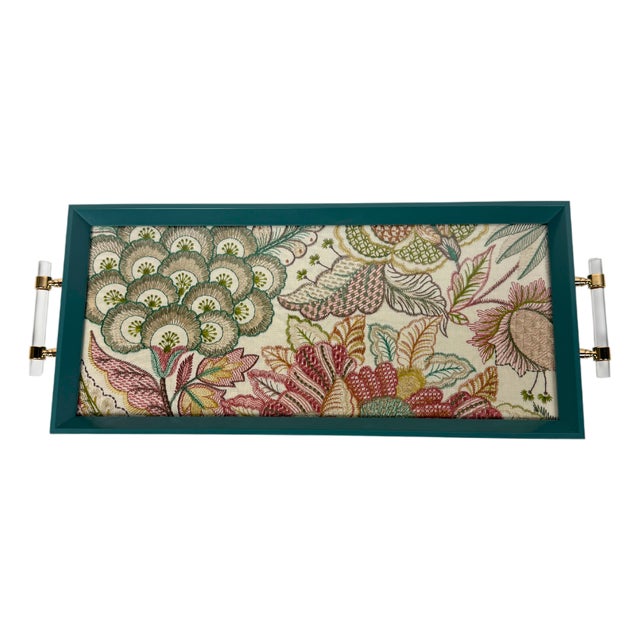 Custom Tray Lee Jofa Embroidered Linen Teal For Sale