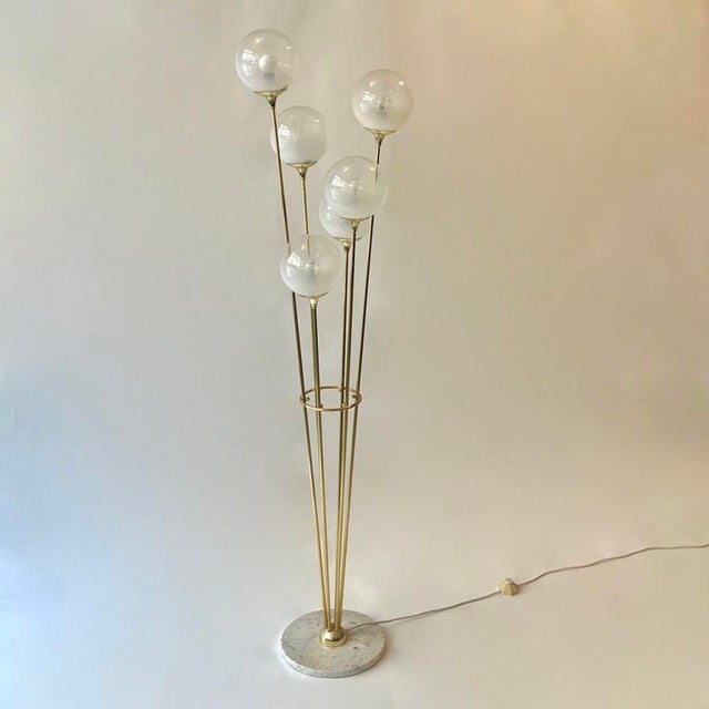 Stunning floor lamp in brass, Carrara white marble, and semi-clear, semi-transparent (milky) glass globes. "Alberello"...