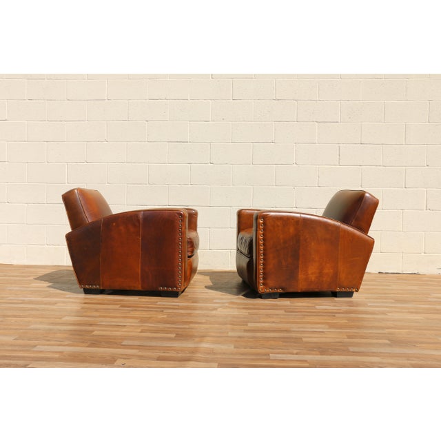 Vintage Pair Art Deco Revival Distressed Brown Leather Club Chairs & Ottomans, 1980s For Sale - Image 4 of 18