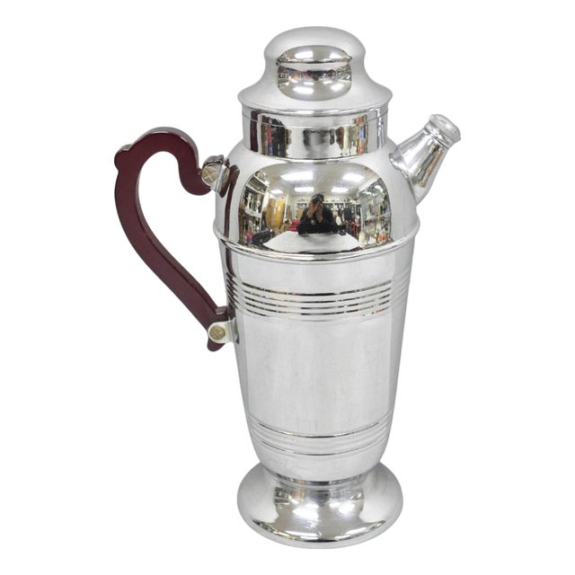 Art Deco Silver Plated Red Bakelite Handle Martini Bar Cocktail Shaker Pitcher For Sale
