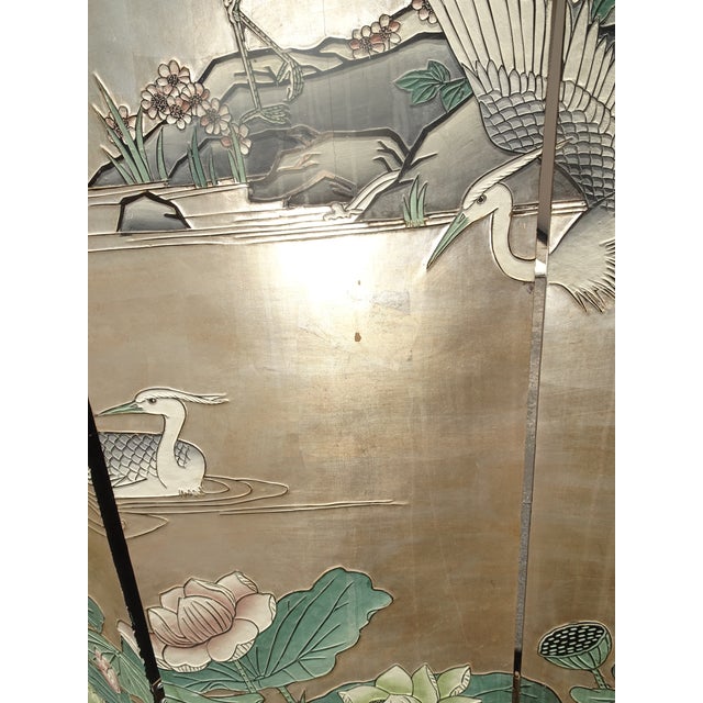 Vintage Silver Chinese Asian Six Panel Screen ~ Room Divider W Heron Birds For Sale - Image 16 of 18