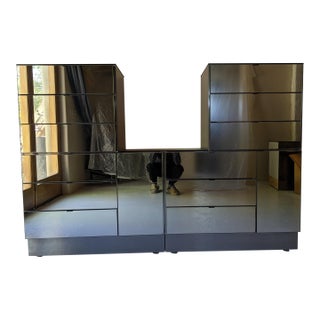 1980s Ello Gunmetal Stainless & Smoked Mirror Cabinet Set, Attributed For Sale