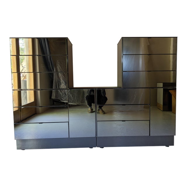 1980s Ello Gunmetal Stainless & Smoked Mirror Cabinet Set, Attributed For Sale