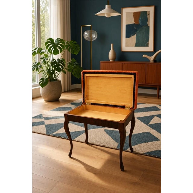 Mahogany Piano Stool in Orange Corduroy with Storage, 1950s For Sale - Image 6 of 10