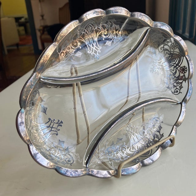 Vintage Art Deco Style Sterling Silver Overlay Glass Divided Dish For Sale In New York - Image 6 of 6