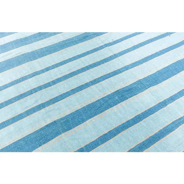 Mid-Century Modern Doris Leslie Blau Vintage Indian Dhurrie Striped Blue Rug For Sale - Image 3 of 7