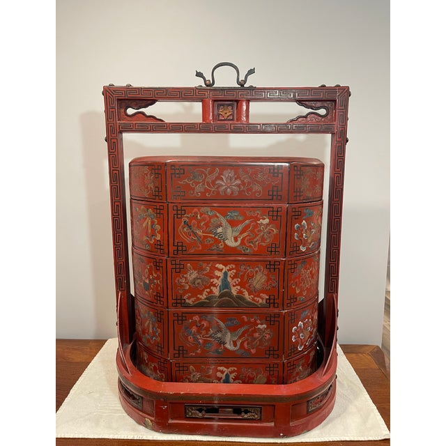 A Large Antique Chinese Red Lacquered Four-Tier Stacking Wedding Basket/Box. For Sale - Image 4 of 12