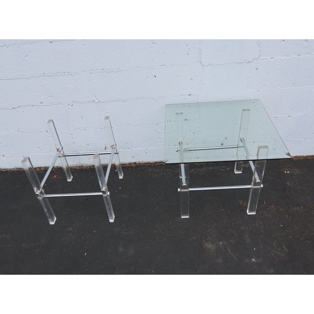 Hollywood Regency Lucite Acrylic Glass Top Pair of Side Tables 6592 For Sale - Image 4 of 18