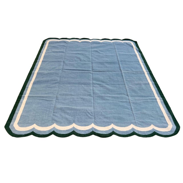 Handmade Woolen Scalloped Rug, Blue With Cream and Forest Green Border - 10'x14' For Sale - Image 9 of 10