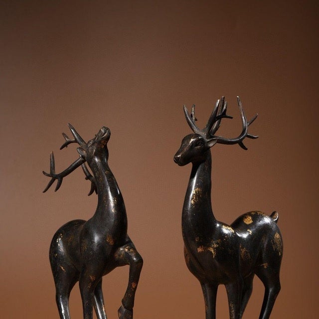Pair of Vintage Chinese Gilt Bronze Deer Figures – Standing Auspicious Deer Sculptures For Sale - Image 4 of 9