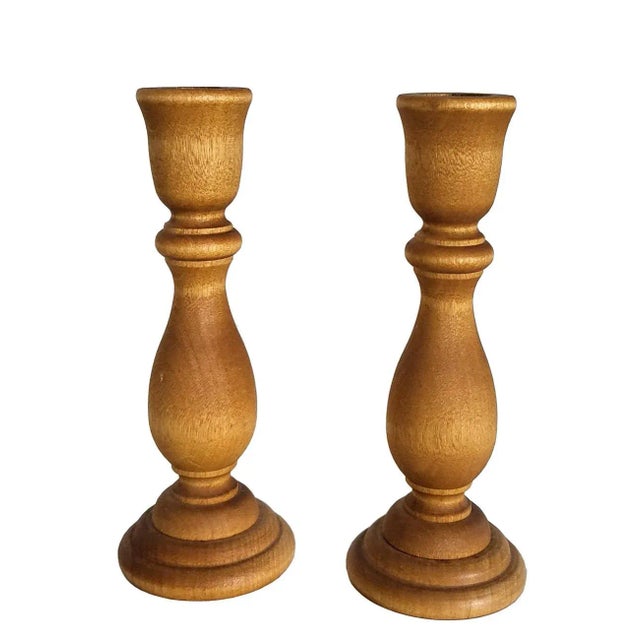 Tan Vintage Maple Wood Hand Turned Candlestick Holders, a Pair For Sale - Image 8 of 8