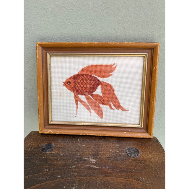 Vintage Framed Needlepoint Goldfish Wall Art — Asian Chinoiserie Folk Art For Sale - Image 4 of 4