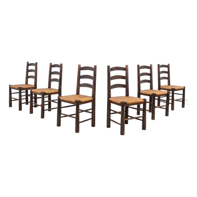 Vintage Georges Robert Straw-Seated Chairs, 1950s, Set of 6 For Sale
