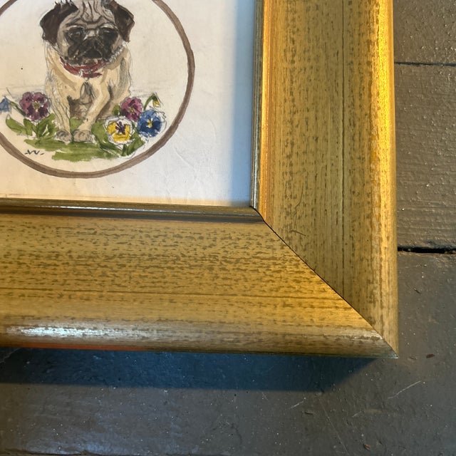 Folk Art 1970’s Original George Wells Pug Dog Watercolor Painting For Sale - Image 3 of 4