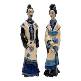 Vintage Set of Porcelain 17” Tall Statues Chinese Man and Woman Statues. For Sale