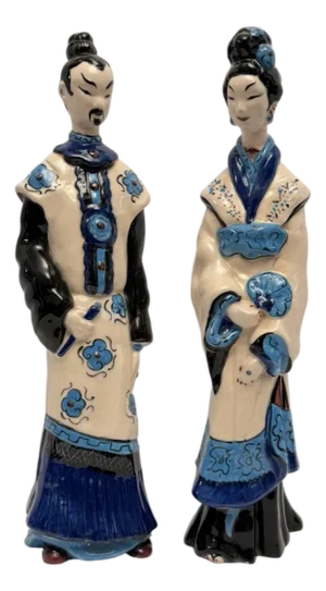 Vintage Set of Porcelain 17” Tall Statues Chinese Man and Woman Statues.