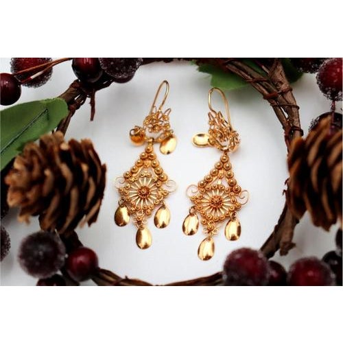 Metal Gold Filigree Earrings with Cutouts and Hinged Pendants, Set of 2 For Sale - Image 7 of 7