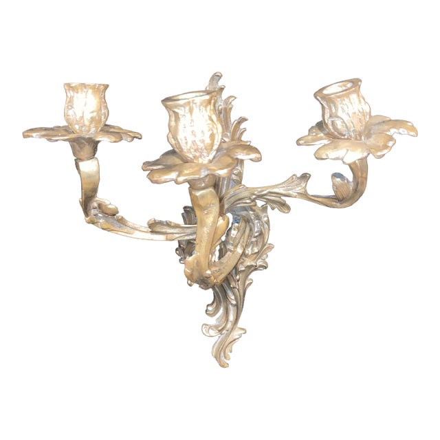 1920s Bronze Sconces Baroque Rococo Louis XV French Style Acanthus Leaf Forms 3 Candle Burning For Sale
