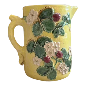 Antique Majolica Strawberry Pattern Water Pitcher