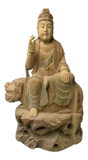 Chinese Rustic Wood Sitting Guan Yin on Lion Manjushri Statue