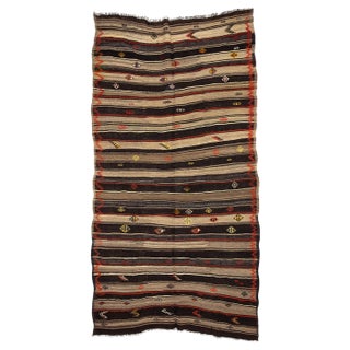 Vintage Brown & Orange Striped Kilim Rug-6'x11'3" For Sale