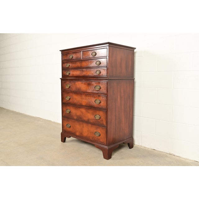 English Henredon Georgian Flame Mahogany Highboy Dresser, Circa 1950s For Sale - Image 3 of 16