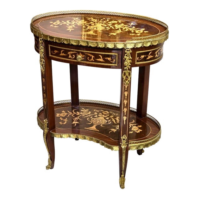 French Louis XV Side Table With Fine Marquetry, Brass Gallery & Lower Shelf For Sale