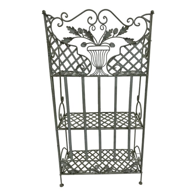 1970s Vintage Wrought Iron Shelf – Decorative Metal Bakers Rack With Floral Motif For Sale