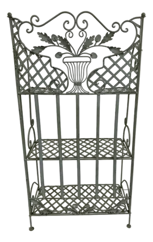 1970s Vintage Wrought Iron Shelf – Decorative Metal Bakers Rack With Floral Motif