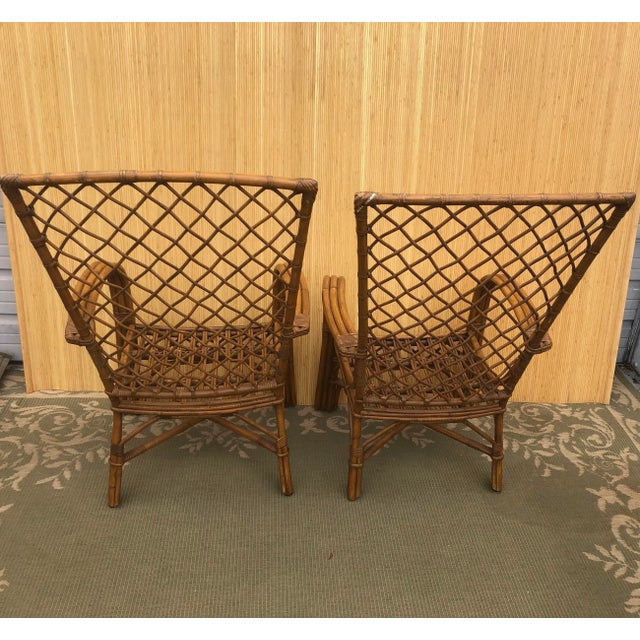 1970s Vintage Weaved Rattan High Back Lounge Chairs & Rattan Ottoman Set- 3 Pieces For Sale - Image 4 of 13
