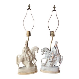 Antique Mid 19th Century English Staffordshire Scottish Highlander Hunter on Horseback Table Lamps - a Pair For Sale