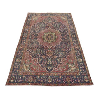 Tabriz Rug 6’9” X 9’11” Purple Wool Vintage Distressed Hand-Knotted Carpet For Sale