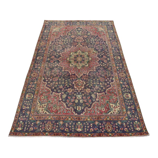 Tabriz Rug 6’9” X 9’11” Purple Wool Vintage Distressed Hand-Knotted Carpet For Sale