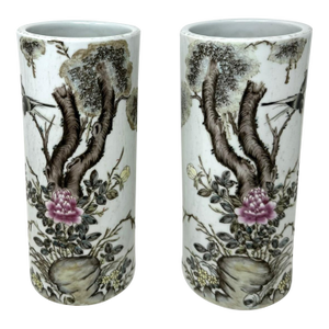 Antique Pair Rose Medallion Chinese Porcelain Brush Wash Vases Arrtib. Liu Yucen