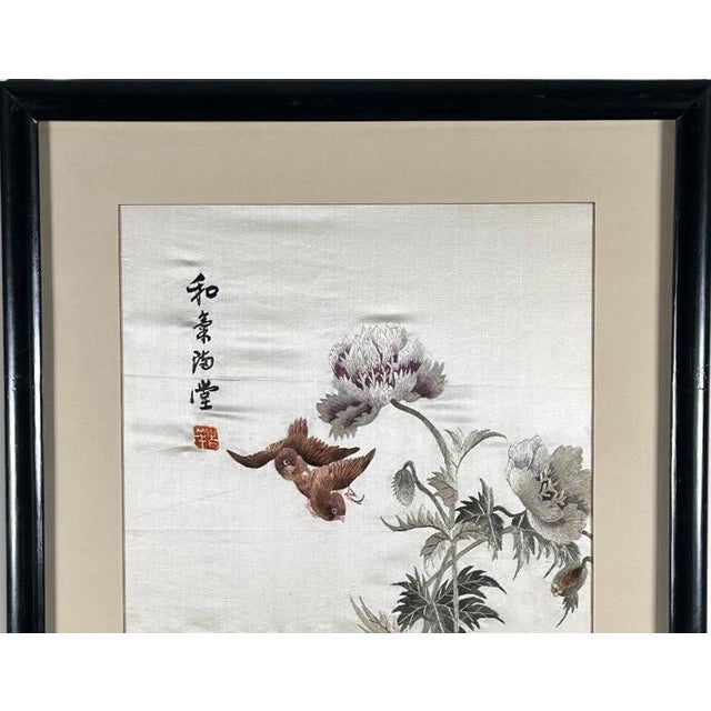 Vintage Framed Chinese Silk Embroidery Panels Birds and Flowers Huaniao Art Pair For Sale - Image 4 of 11