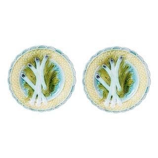 French 1850s Majolica Asparagus Plate with Scalloped Edge, Two Available For Sale