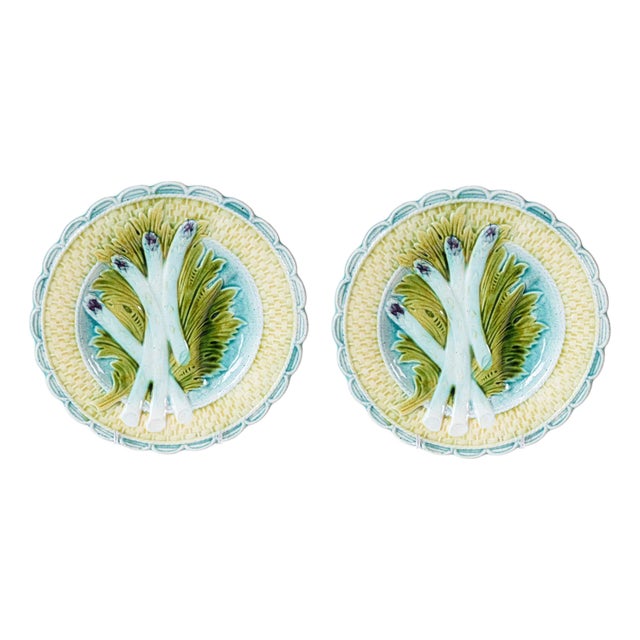 French 1850s Majolica Asparagus Plate with Scalloped Edge, Two Available For Sale