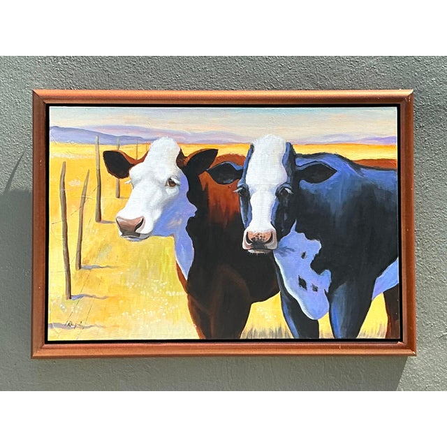 Modern Vintage Original Cow Painting on Canvas For Sale - Image 3 of 12