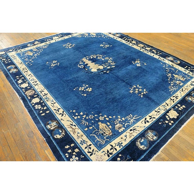Late 19th Century Floral Antique Late 19th Century Scenic Medallion Blue Field Chinese Peking Rug For Sale - Image 5 of 6