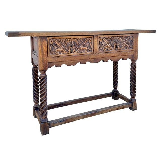 Spanish Castilian Console Table with Two Carved Drawers and Turned Legs, 1890s For Sale - Image 12 of 12