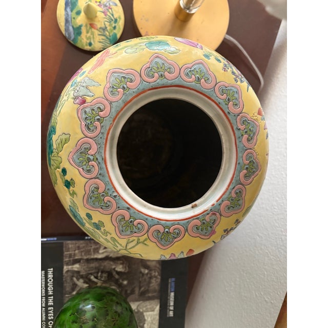 Oversized 14” Vintage Yellow Famille Rose Lotus Pond Ginger Jar For Sale - Image 9 of 10